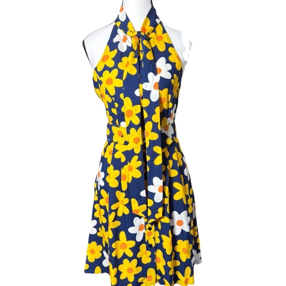ModCloth Daisy's Sonnet Halter Mini Dress Size 0 Blue Yellow 60s Style Retro